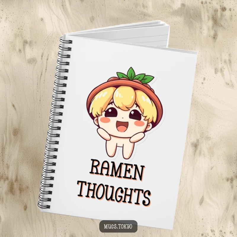 Funny notebook with a character wearing a ramen bowl hat, beaming with delight. Ideal for notes and foodie brainstorming.