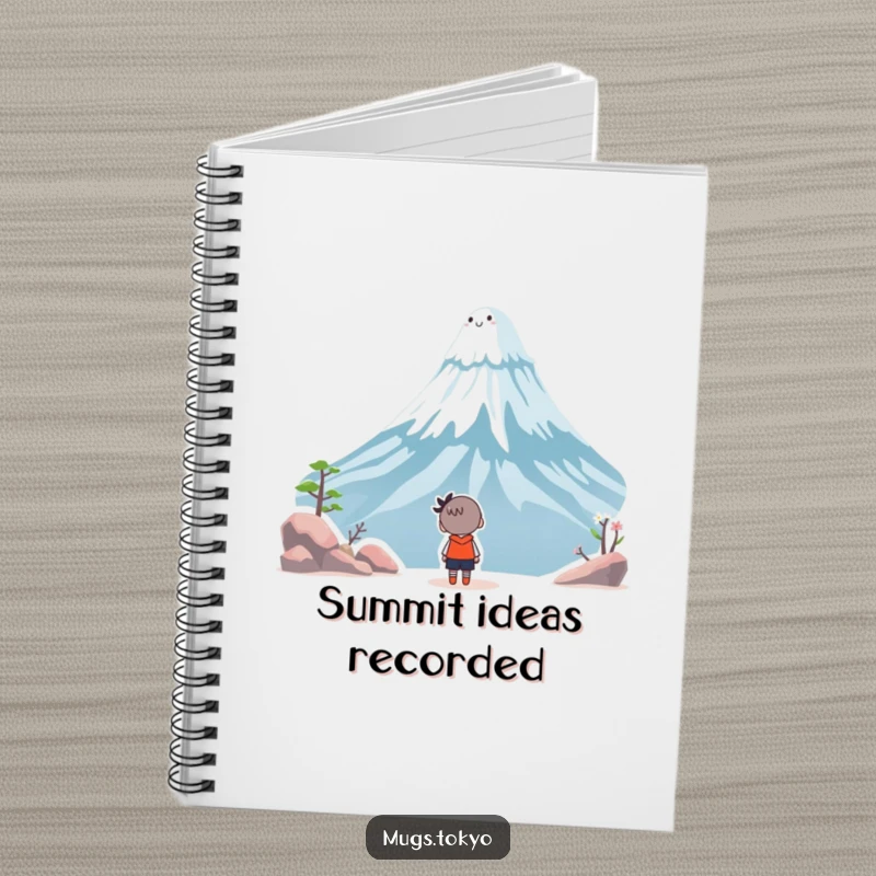Funny notebook cover design of a character gazing in wonder at a whimsical, smiling Mount Fuji, promoting creativity and exploration.