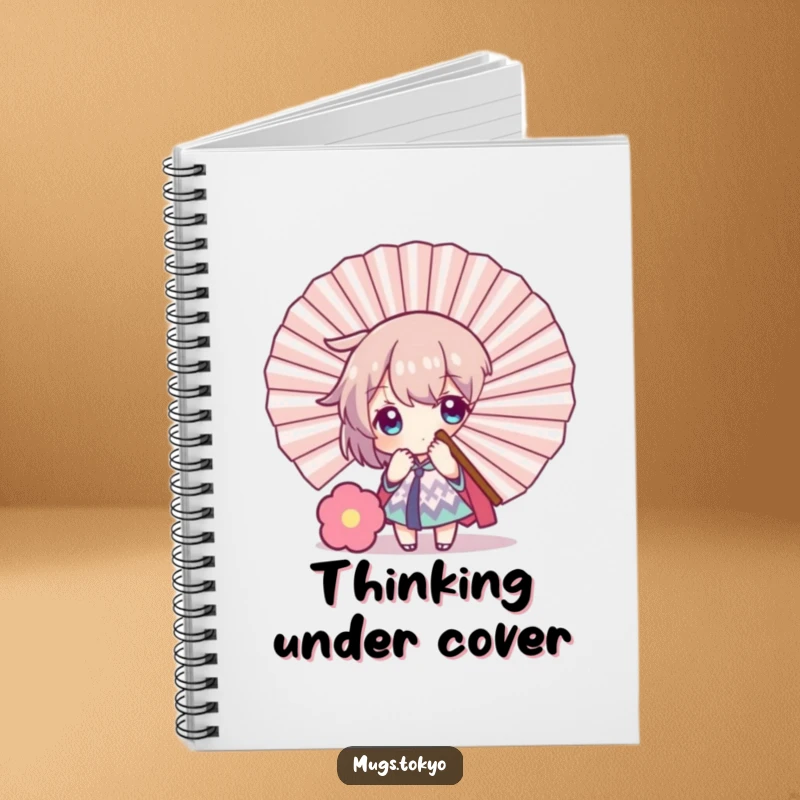 Funny notebook cover with a character playfully concealed behind a large decorative fan, great for jotting down notes with a shy and humorous attitude.