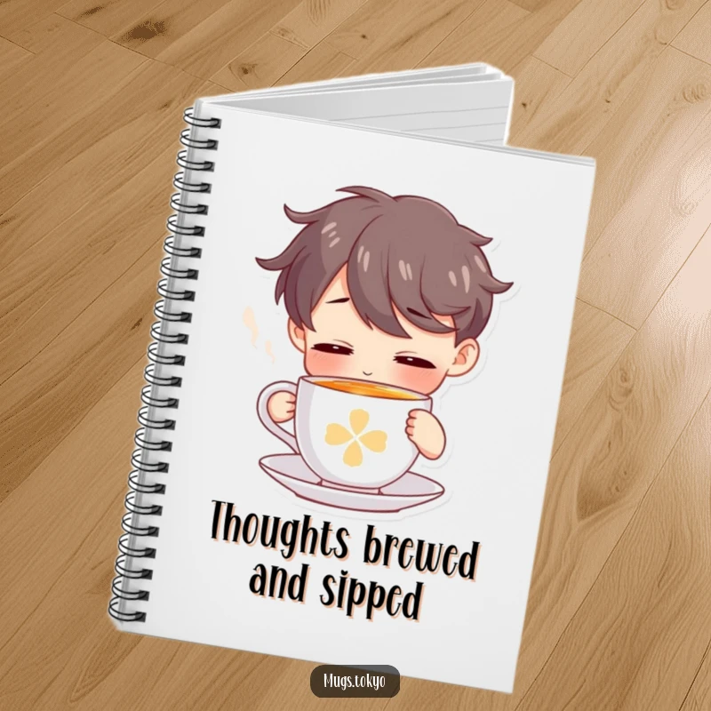 Funny notebook designed for journaling, featuring a character enjoying a tiny, steaming tea cup.