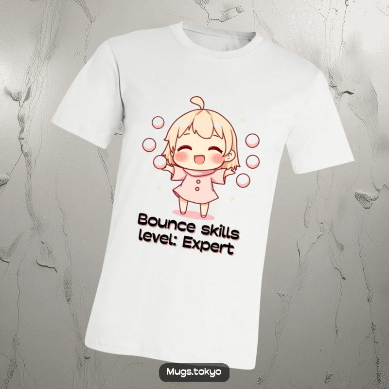 Funny t-shirt with a joyful character skillfully juggling multiple small, round mochi balls in a vibrant, eye-catching display.