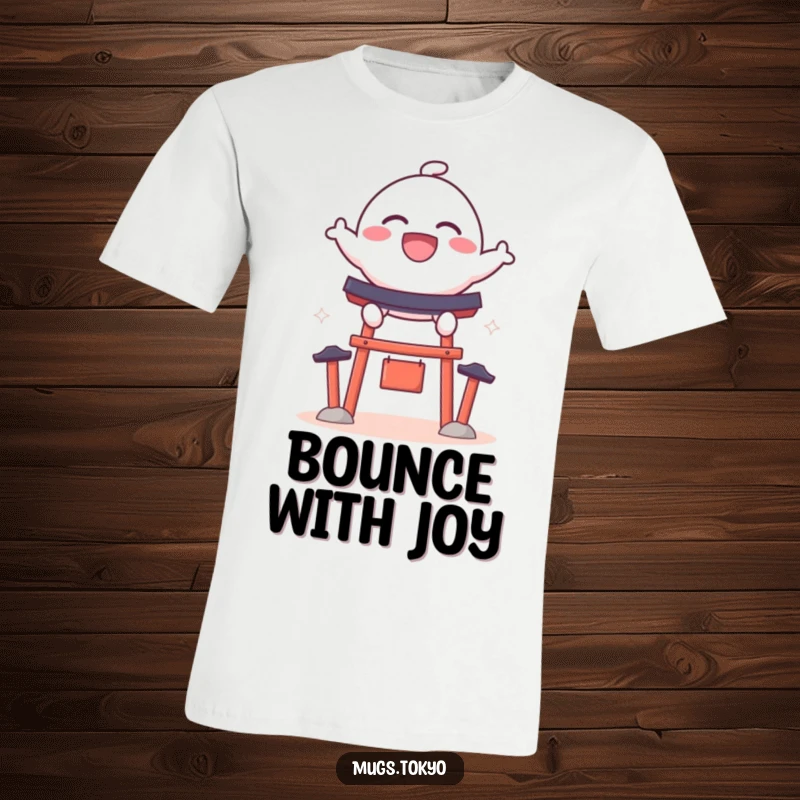 Funny t-shirt showcasing a bouncy dango character with a wide grin, mid-leap over a miniature shrine gate, perfect for casual wear.