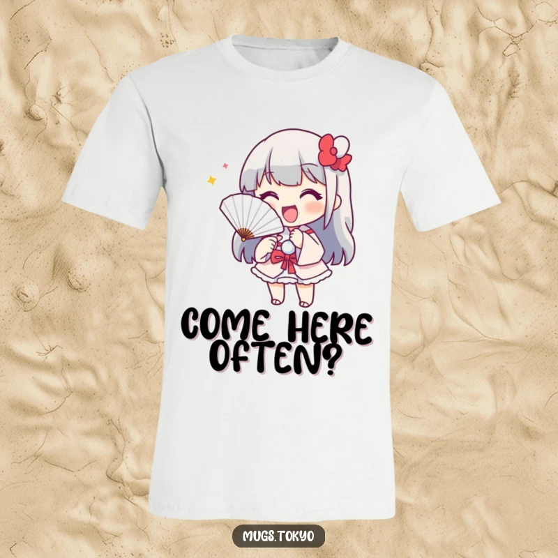 Funny T-shirt featuring a cheerful character with a paper fan, playfully beckoning. Expressive and inviting apparel.
