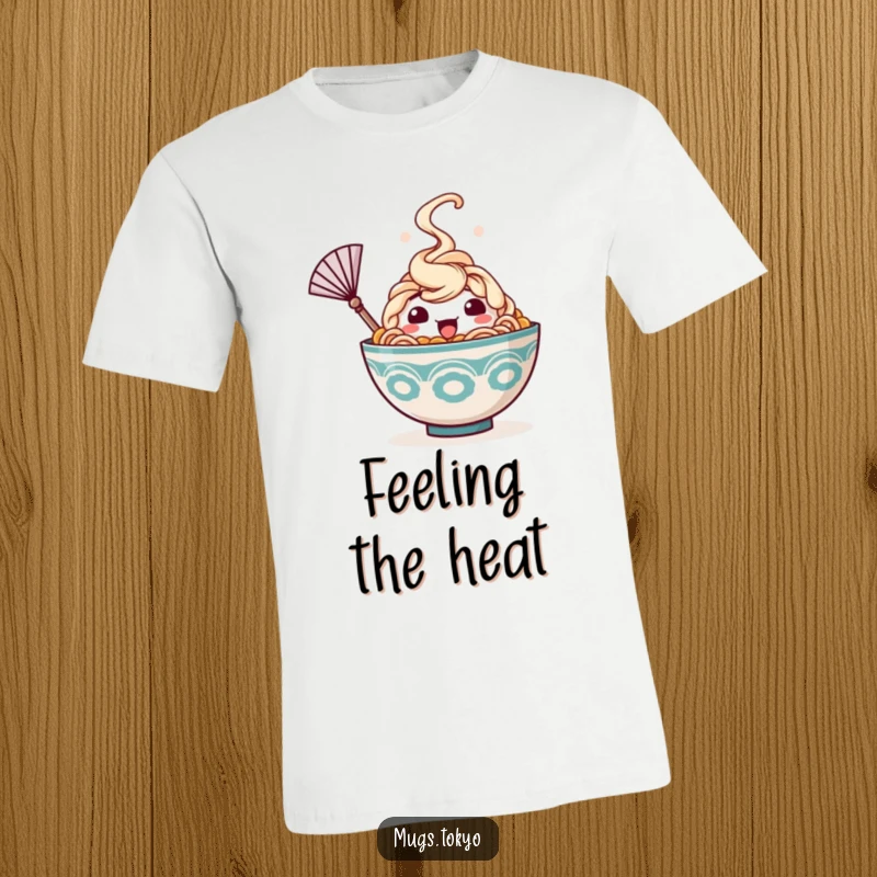Funny t-shirt depicting a happy ramen bowl character with rising steam, humorously waving a small fan to cool down, comical food art.
