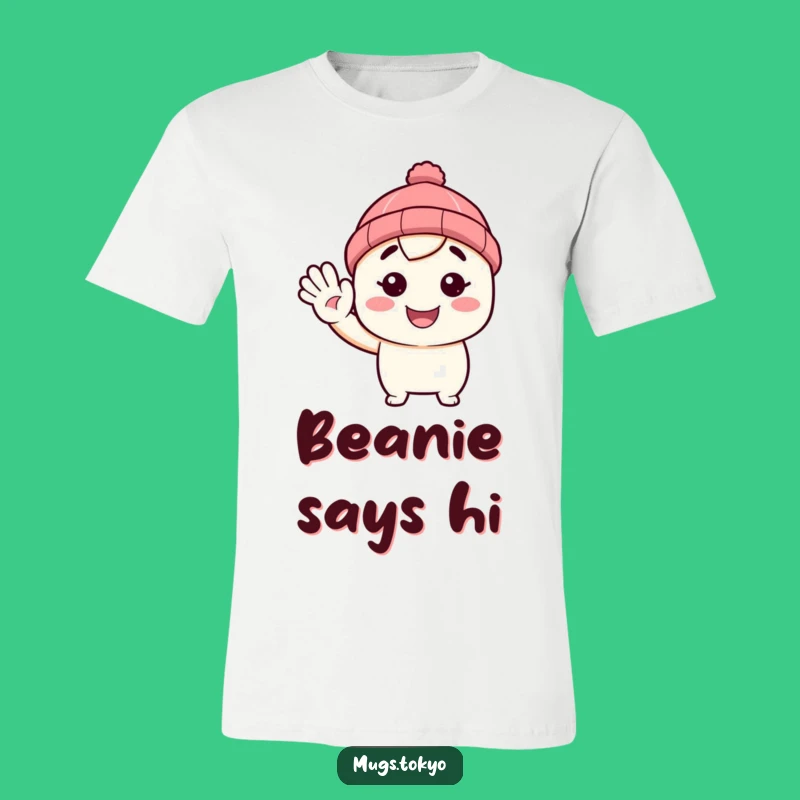 Funny Beanie T-Shirt: Waving Hello, Tiny Hat, Casual Fun Gift