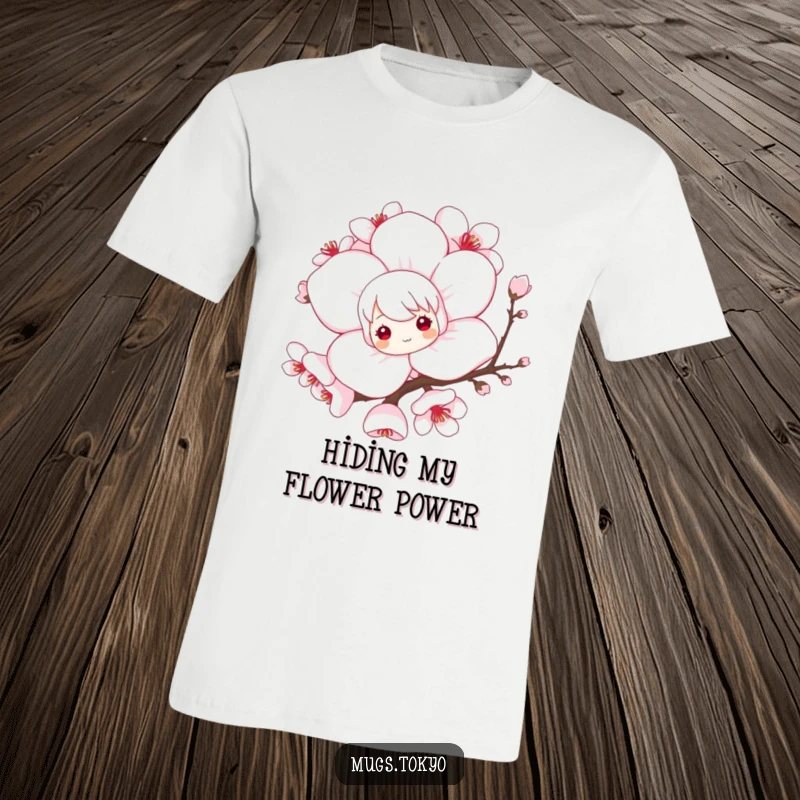 Funny t-shirt featuring a playful character peeking from behind a beautiful, oversized cherry blossom, capturing a moment of sweet surprise.