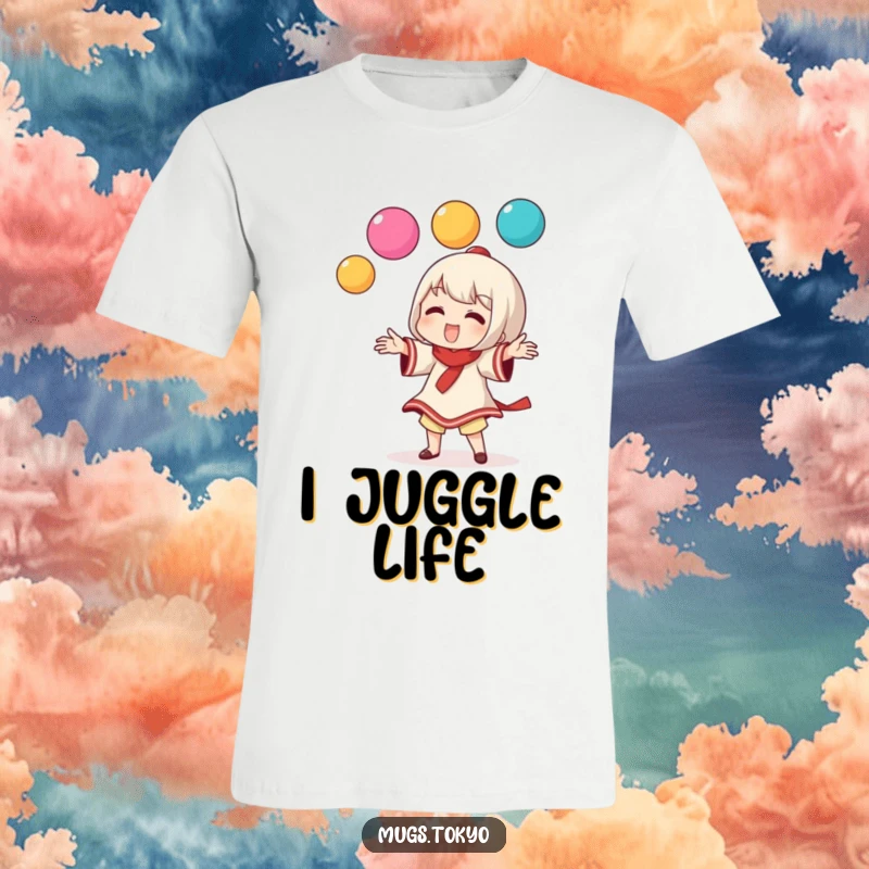 Funny t-shirt with a character skillfully juggling three vibrant dango balls, highlighting playful dexterity.