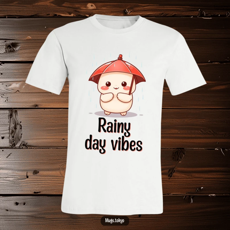 Funny t-shirt showcasing a cute dumpling character wearing a small red umbrella, peeking from a downpour, whimsical and endearing design.