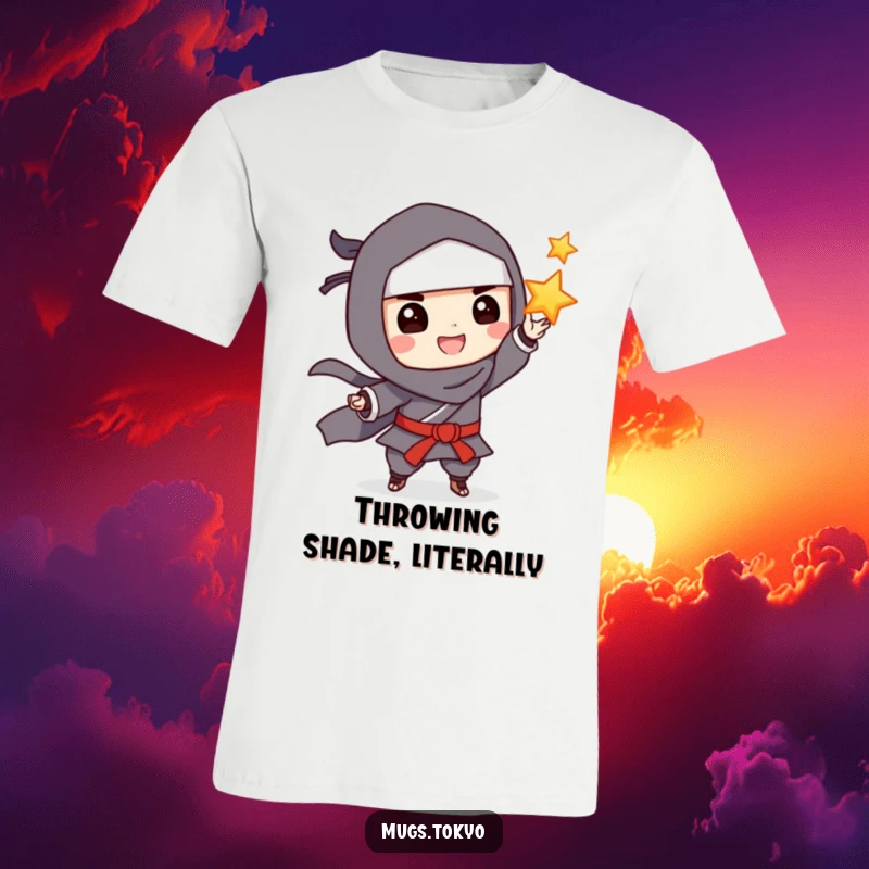 Funny T-Shirt: A character in a ninja outfit grinning widely while playfully tossing a throwing star, skilled and mischievous.