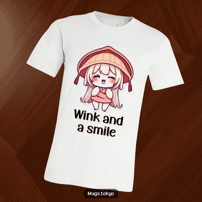 Funny T-Shirt with a character wearing a traditional Japanese hat and giving a playful wink, perfect for casual and humorous wear.