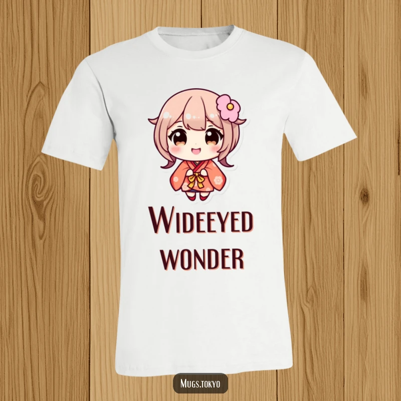 Funny T-shirt showcasing a cute character in a colorful kimono, wide-eyed and smiling broadly. Expressive and cheerful apparel.
