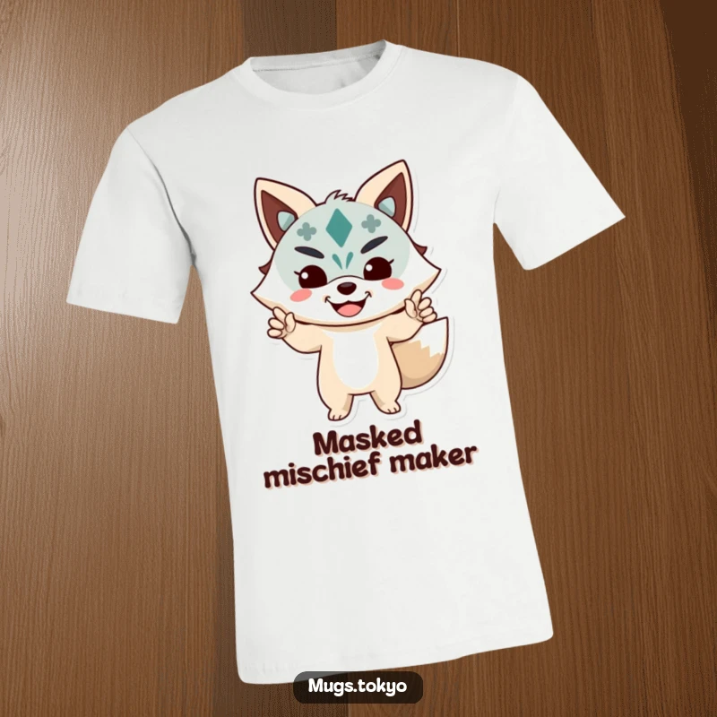 Funny T-Shirt with a character in a playful stance, wearing a joyful Kitsune mask, perfect for expressive style.