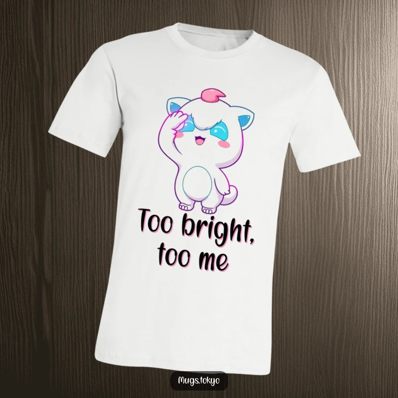 Funny Neon Glow T-Shirt: A character shields its eyes from bright neon lights, embodying the dazzling energy of the night.