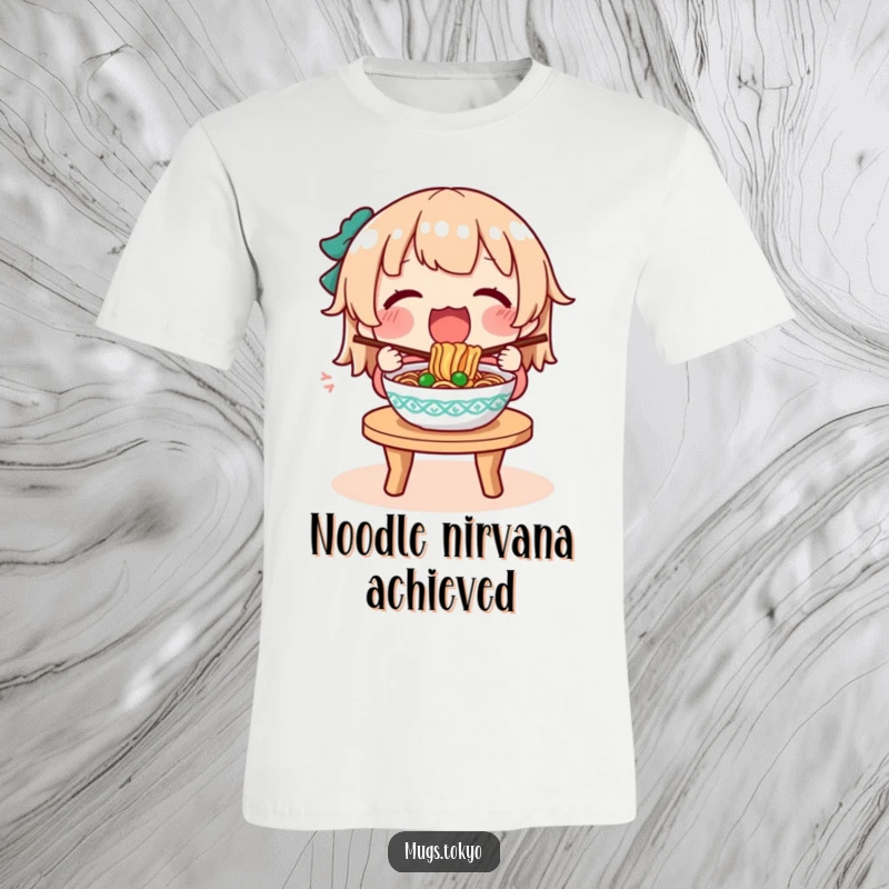 Funny t-shirt illustration of a character thoroughly enjoying every bite of a steaming bowl of noodles.