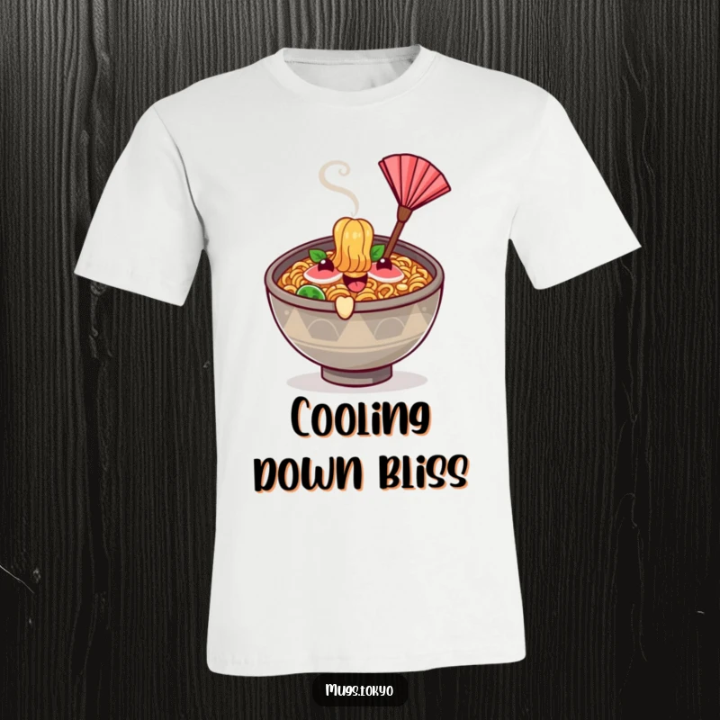 Funny happy ramen bowl character with steam rising, waving a tiny fan, printed on a t-shirt.