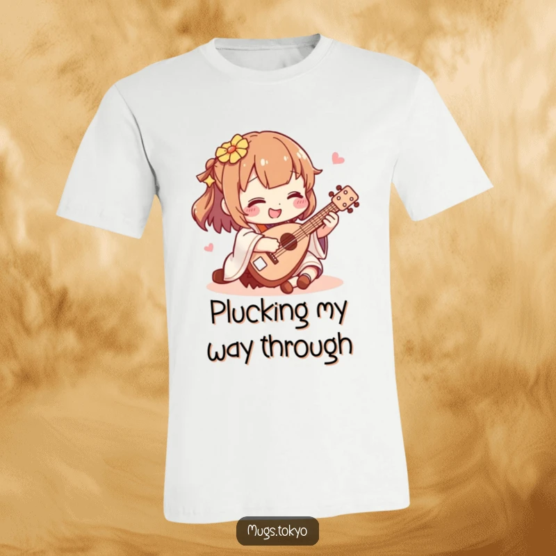 Funny shamisen player t-shirt, showing a character joyfully strumming a miniature shamisen, a humorous and musical wearable art.