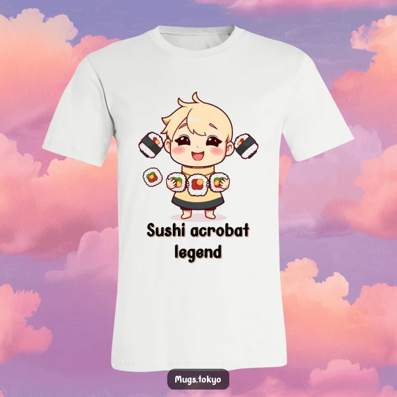 Funny T-Shirt with a happy character masterfully juggling three delicious sushi rolls, perfect for food enthusiasts.