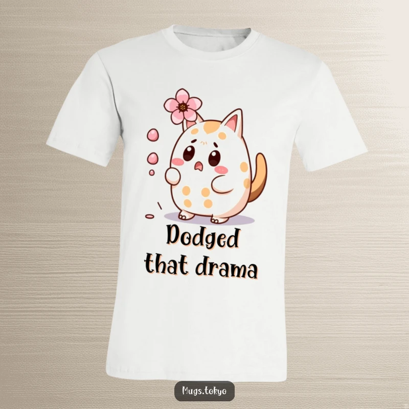 Funny Taiyaki T-Shirt: Surprised character, tail wagging, evading a falling cherry blossom, unique anime design.