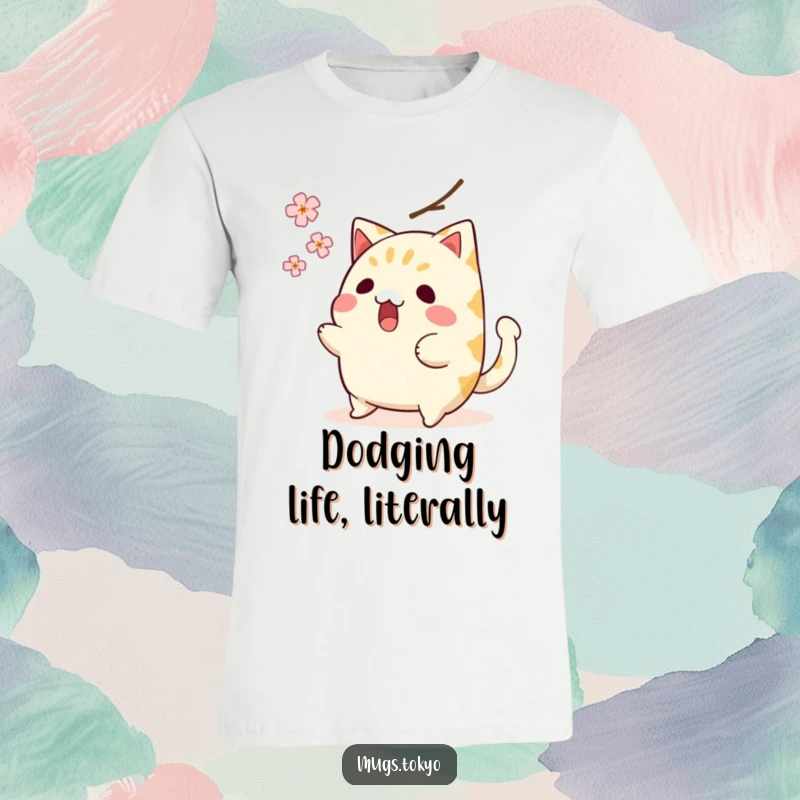 Funny t-shirt with a surprised taiyaki character trying to avoid a falling cherry blossom, showcasing its wagging tail, humorous art.