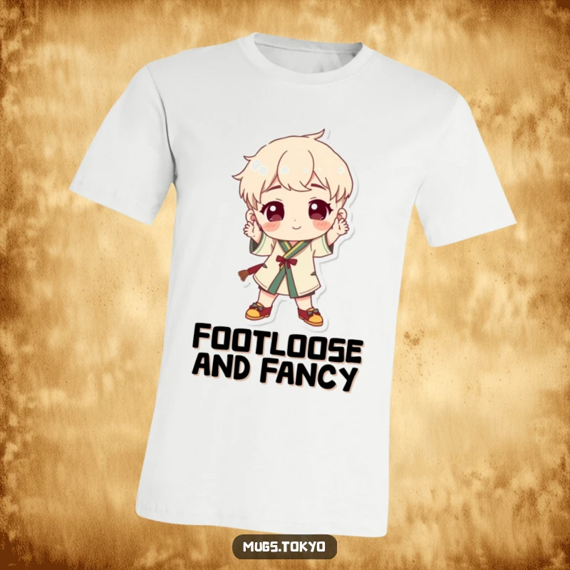 Funny character in traditional footwear striking a whimsical and playful pose on a comfortable, humorous t-shirt.