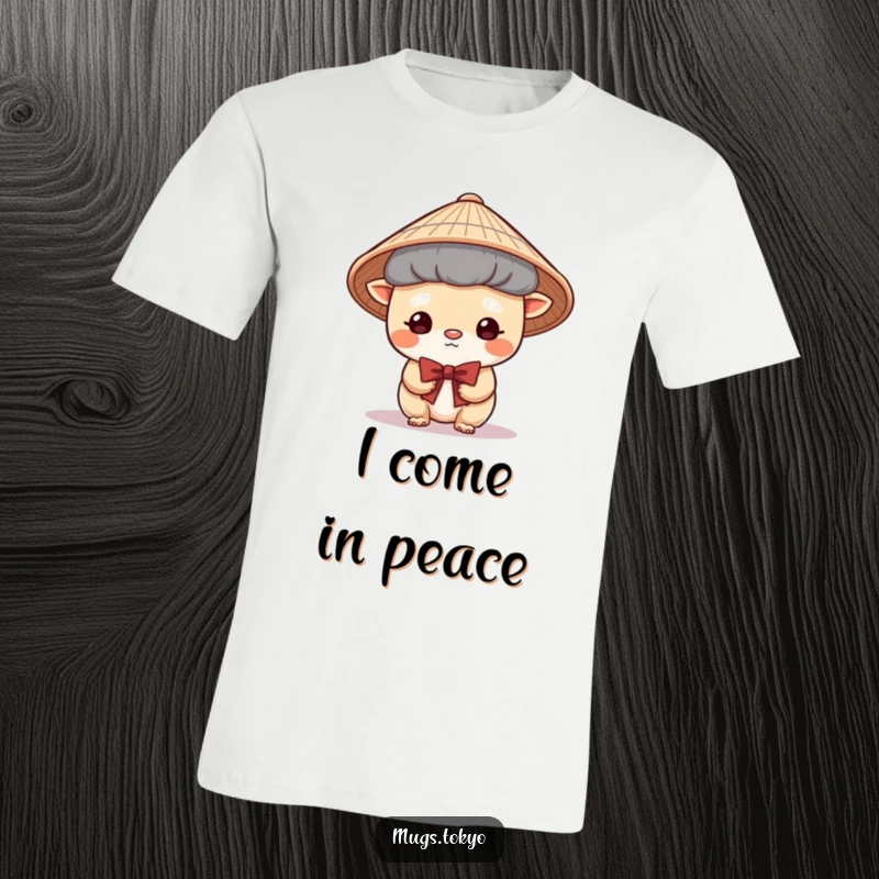 Funny T-Shirt showcasing a cute creature wearing a traditional Japanese hat, bowing with endearing shyness and sweet humility.