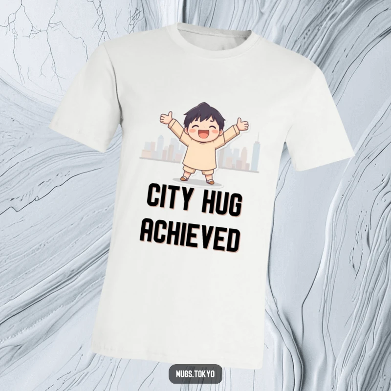 Funny city embrace t-shirt, a character joyfully hugging a city skyline silhouette, celebrating urban life with humor.