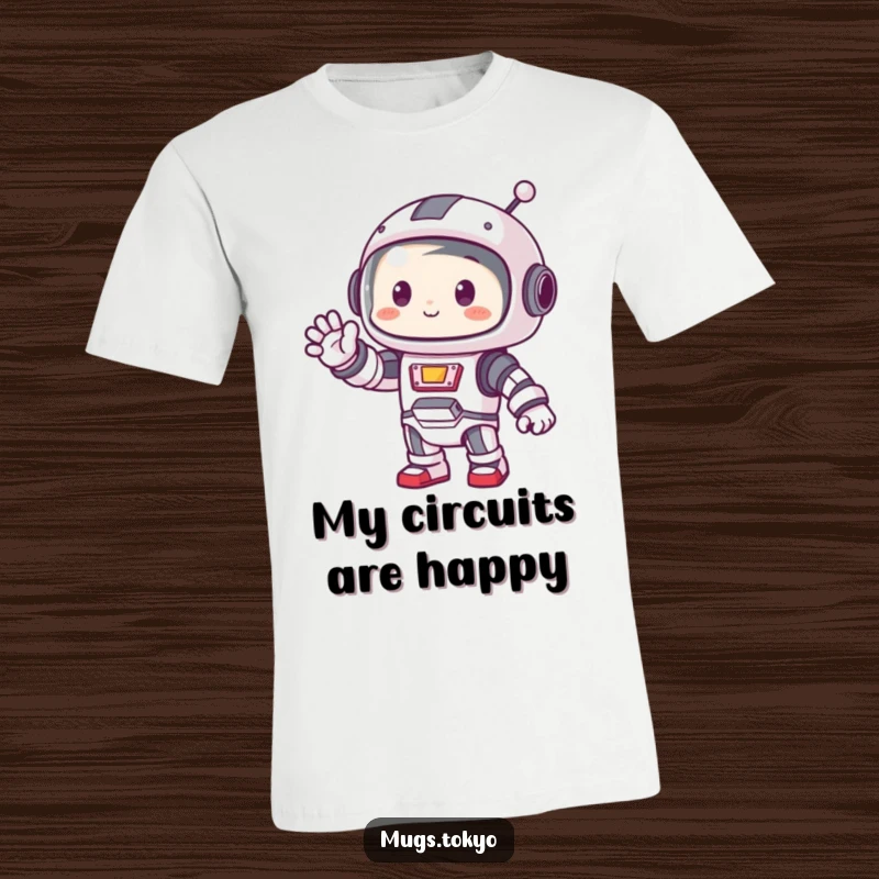 Funny t-shirt featuring a cute character wearing a miniature robot costume and waving enthusiastically.