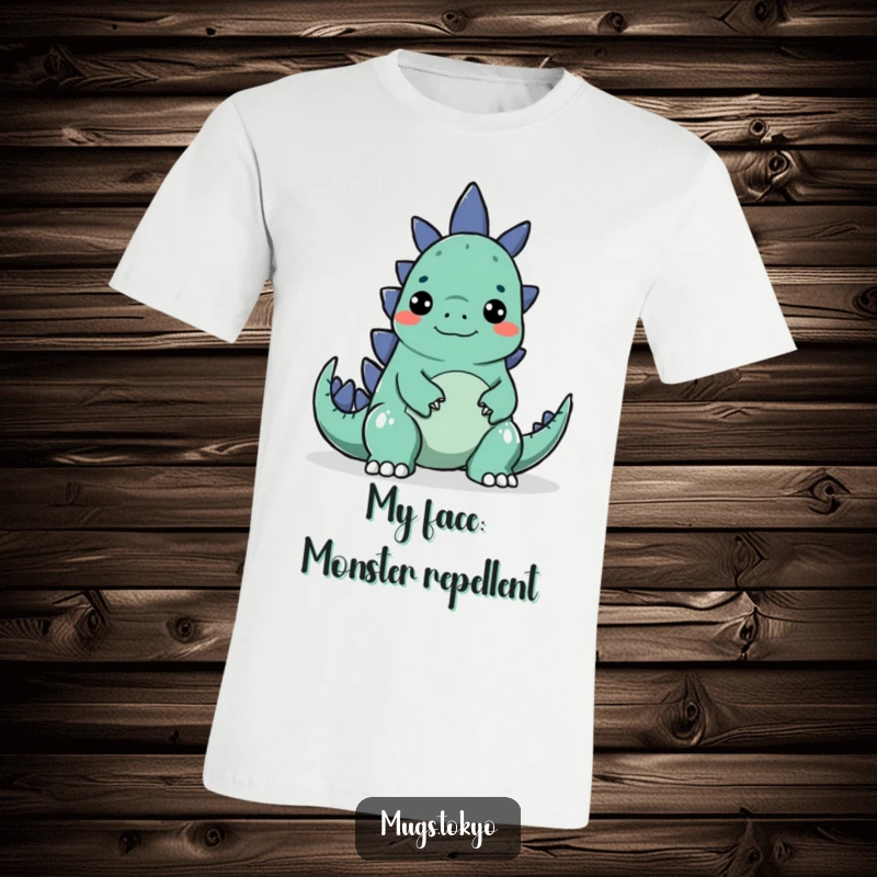Funny t-shirt with a character making a ridiculous face to surprise a small, cute, cartoon Godzilla.