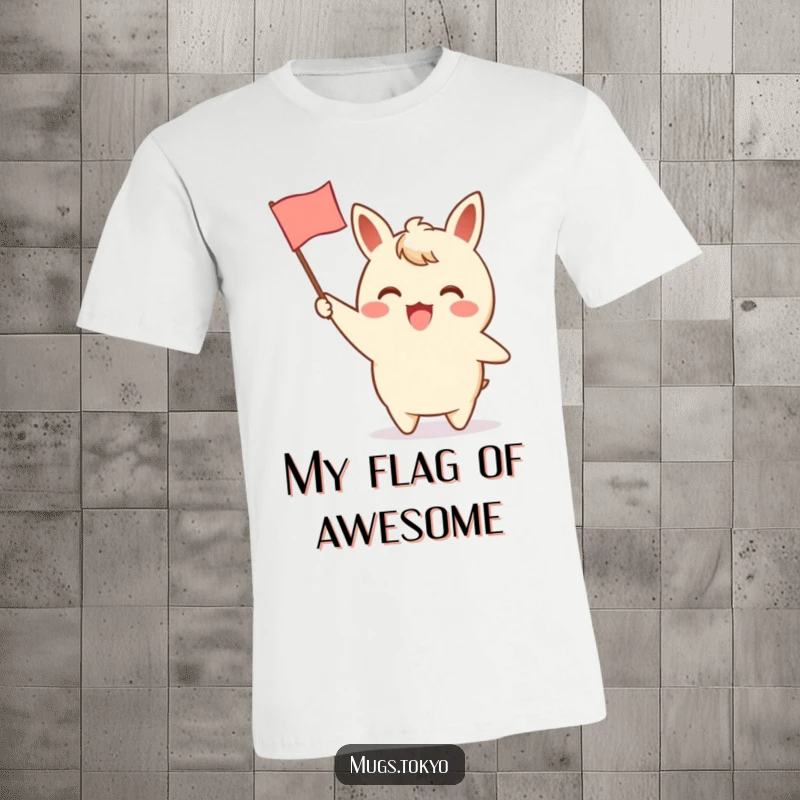 Funny t-shirt depicting an excited character enthusiastically waving a miniature paper flag with a charming design, embodying pure joy.