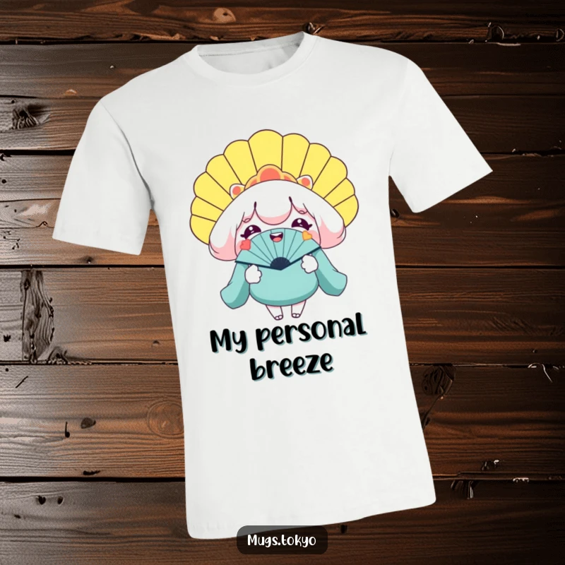Funny t-shirt featuring a character with a wide smile, holding a gigantic novelty fan, providing a cool and humorous look.