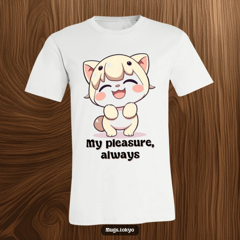 Funny t-shirt featuring a character in a deep, cheerful bow with a huge, happy grin, embodying graciousness and lighthearted humor.