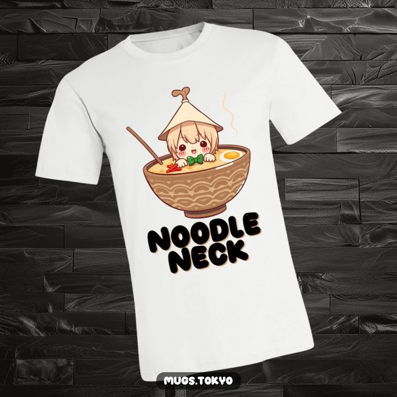 Funny t-shirt of a character in a tiny paper hat peeking out from a ramen bowl, celebrating delicious noodle soup.