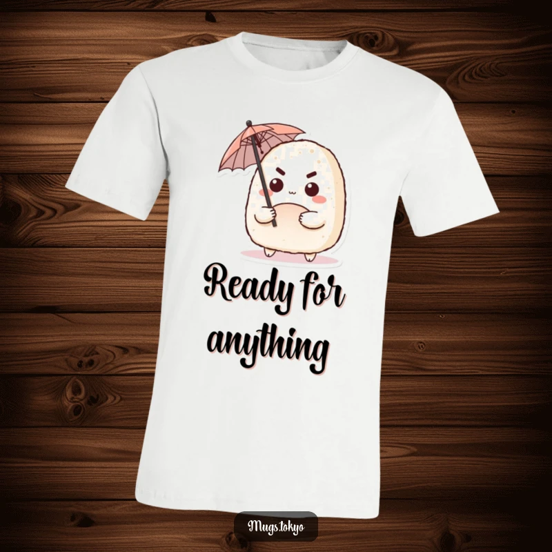 Funny t-shirt showcasing a cute onigiri character with a determined expression, wielding a tiny umbrella, perfect for casual wear.