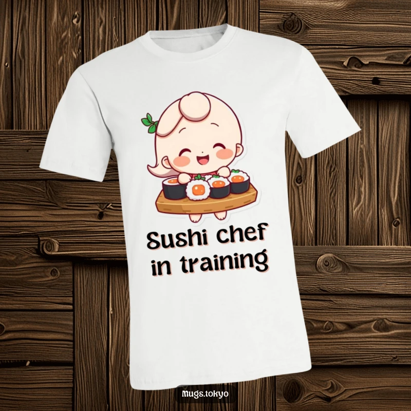 Funny T-Shirt: A smiling character humorously attempts to balance a large tray brimming with assorted sushi, a fun foodie statement.