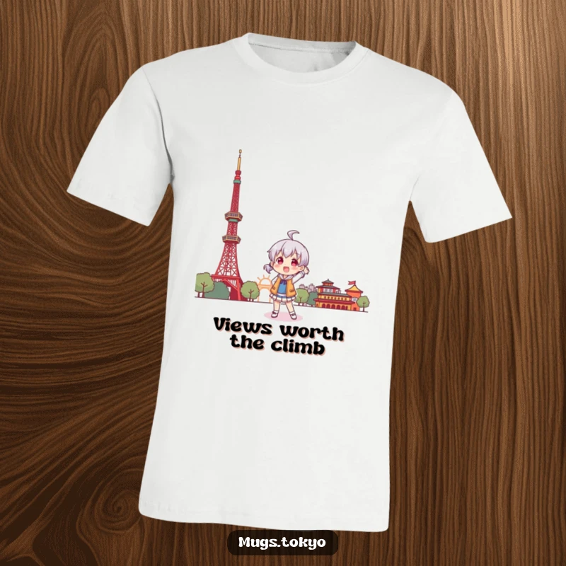 Funny t-shirt design of a character striking a playful, fun pose with a stylized Tokyo Tower behind them.