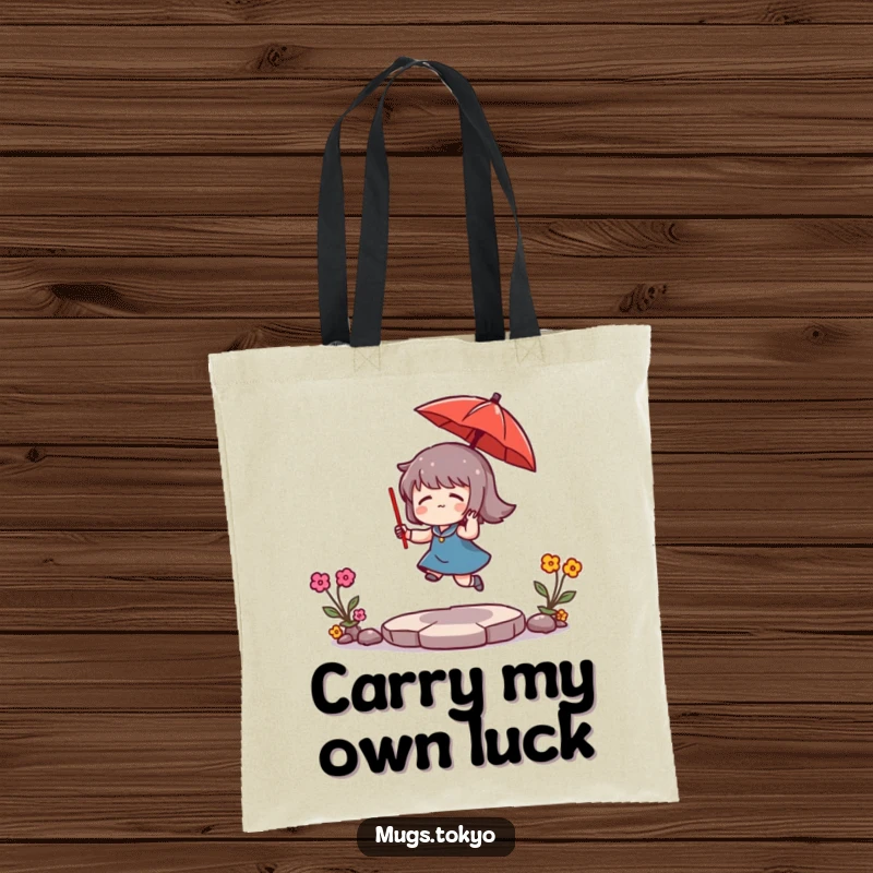 Funny Tote Bag: A character humorously bounces a tiny red umbrella, perfect for carrying essentials with a lighthearted, whimsical touch.