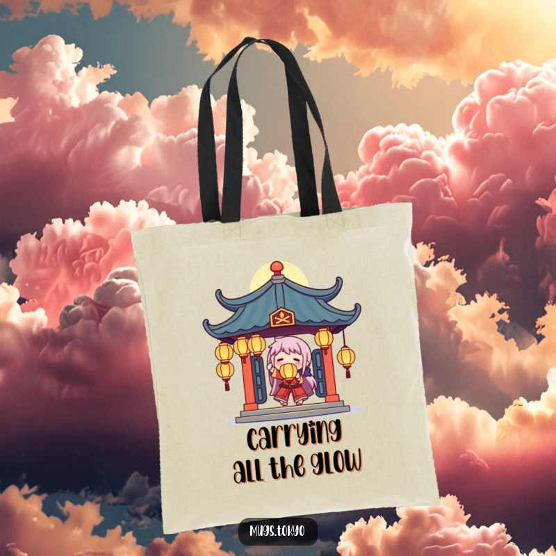 Funny tote bag illustrating a character juggling bright glowing lanterns beneath a stylized temple roof, full of wonder.