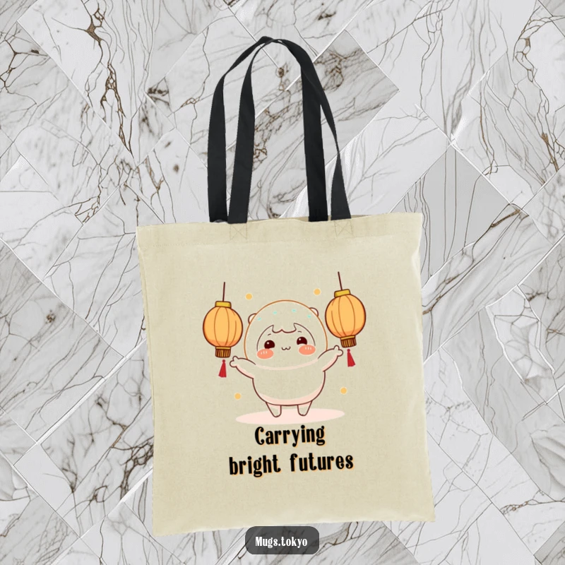 Funny cheerful mochi character juggling glowing lanterns, printed on a stylish and durable tote bag.