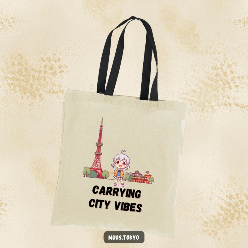 Funny tote bag illustration of a character playfully posing with a stylized Tokyo Tower, capturing travel excitement.
