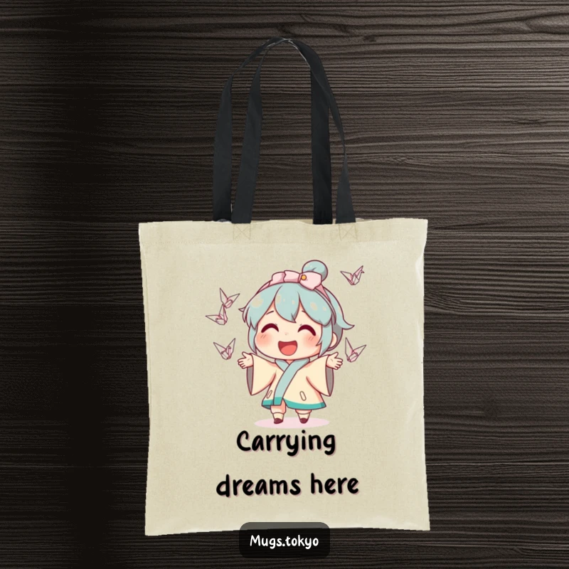 Funny tote bag illustration of a smiling character effortlessly juggling numerous tiny, colorful origami cranes, perfect for everyday use.