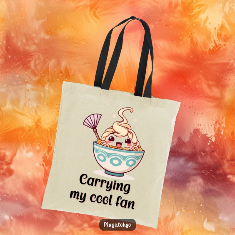 Funny tote bag with a happy ramen bowl character, steam rising, waving a tiny fan, perfect for carrying items with humor.