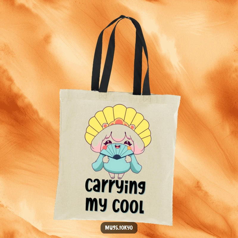 Funny tote bag with a smiling character holding a gigantic novelty fan, perfect for carrying essentials with a cool vibe.