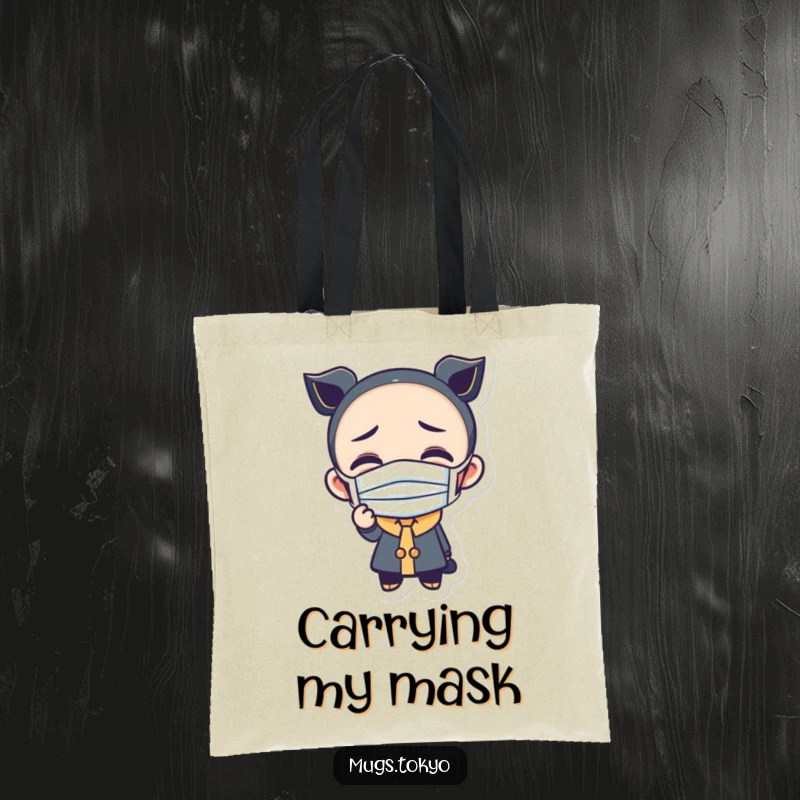 Funny tote bag featuring a character wearing a small mask and making a funny, exaggerated face.