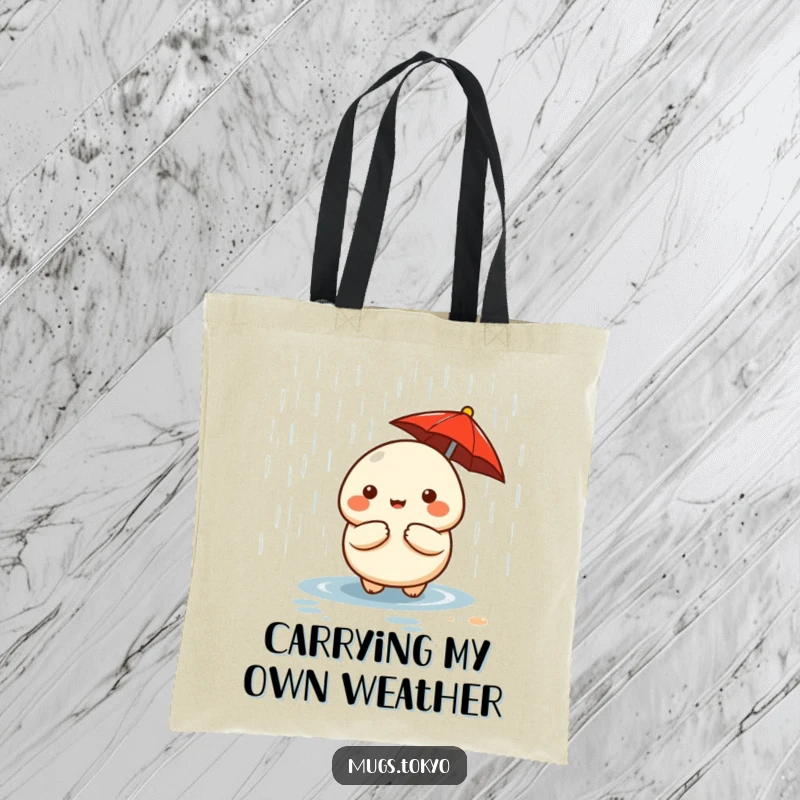 Funny cute dumpling character with a tiny red umbrella, shielded from rain, on a stylish tote bag.