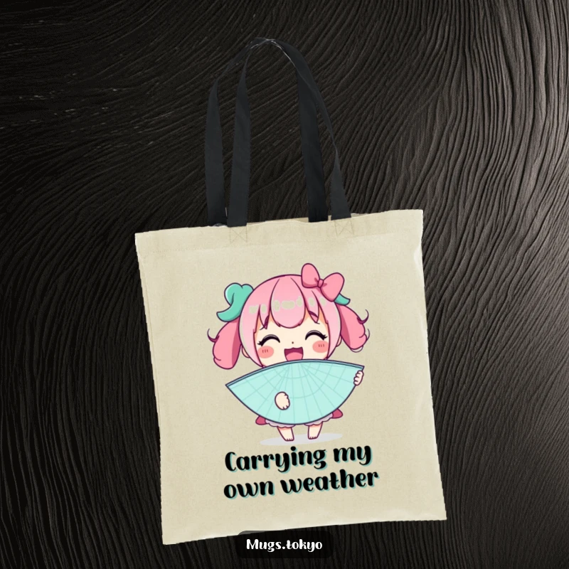 Funny tote bag featuring a character with a big smile holding an oversized novelty fan, perfect for carrying burdens with humor.