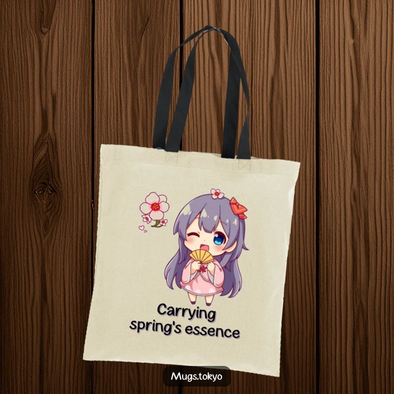 Funny cherry blossom fan tote bag with a charming character enthusiastically waving a fan adorned with blooming cherry blossoms, perfect for spring outings.