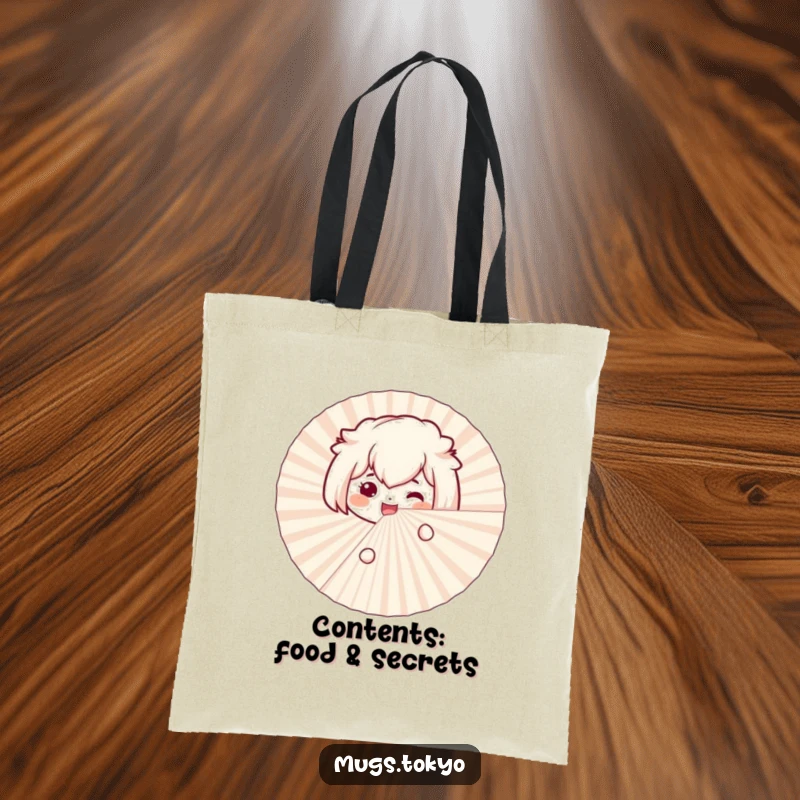 Funny bento box tote bag with a smiling character excitedly peeking from behind a large paper fan, perfect for stylish carrying.