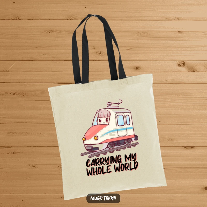 Funny tote bag featuring a character zipping along on a tiny, animated bullet train, great for shopping.