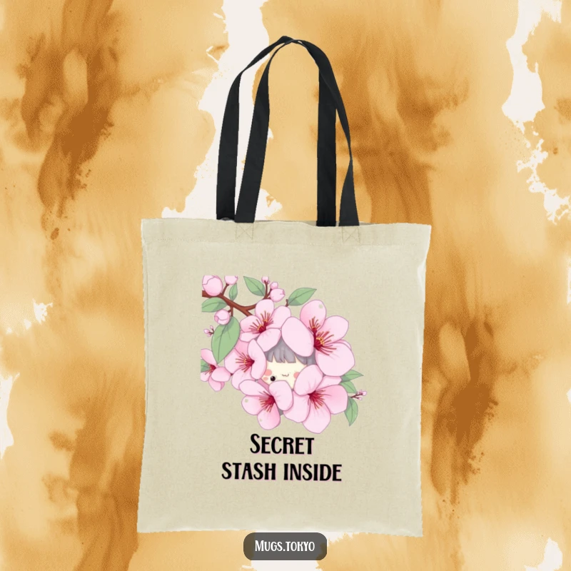 Funny tote bag with a playful character peeking from behind a large cherry blossom, perfect for spring errands.