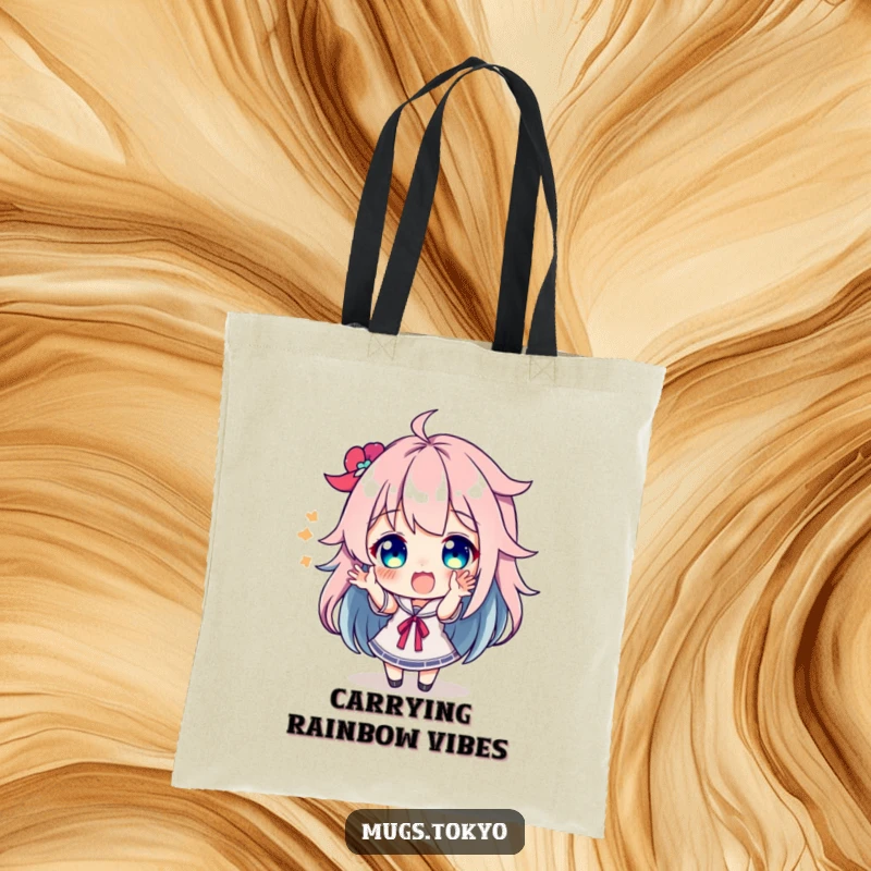 Funny character with vibrant, colorful hair enthusiastically gesturing on a durable and humorous tote bag.